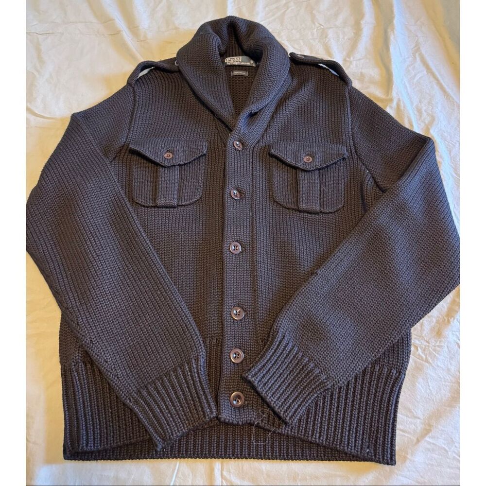 Polo Ralph Lauren XL Wool Chunky Knit Military Shawl Sweater Cardigan Vintage